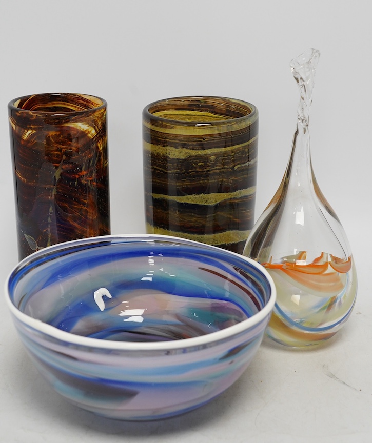 Two Michael Harris glass vases and two Mike Frohlich glass items, tallest 25cm. Condition - good